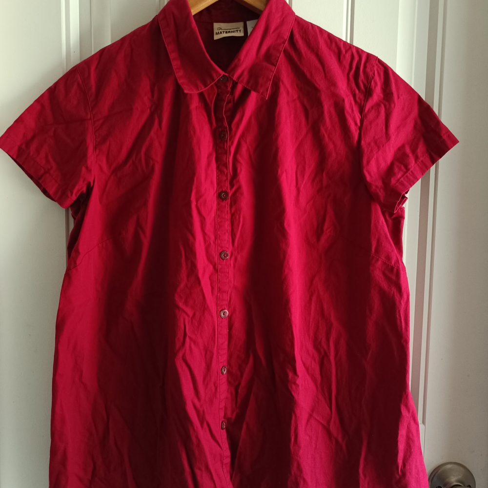 Announcements Maternity Size Medium Cotton Blouse Button Front Short Sleeve Red